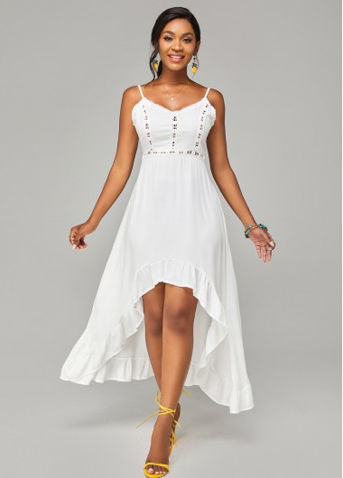 Rosewe Wedding Guest Dress Lace Stitching Spaghetti Strap Asymmetric Hem Dress - S