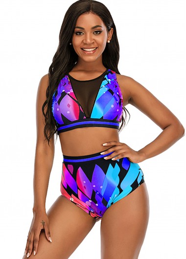 Rosewe Printed High Waist Mesh Stitching Bikini Set - 5XL