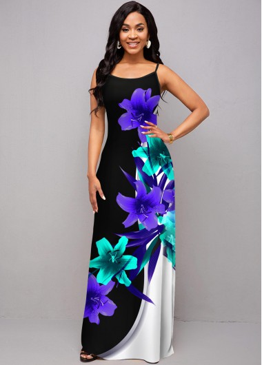 Rosewe Cocktail Party Dress Floral Print Spaghetti Strap Maxi Dress - XL