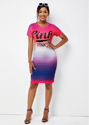 Rosewe Cocktail Party Dress Letter Print Short Sleeve Ombre Round Neck Dress - M