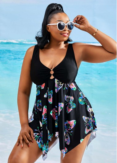 Rosewe Plus Size Butterfly Print Asymmetric Hem Swimdress and Shorts - 1X