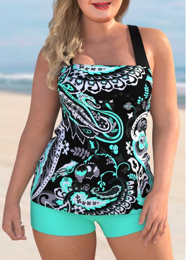 Rosewe Cross Strap Plus Size Paisley Print Tankini Set - 2X