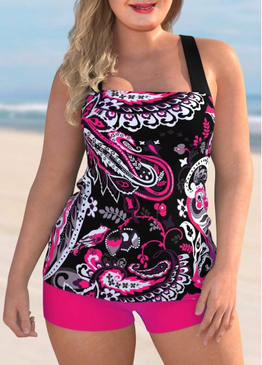 Rosewe Plus Size Paisley Print Spaghetti Strap Tankini Set - 3X