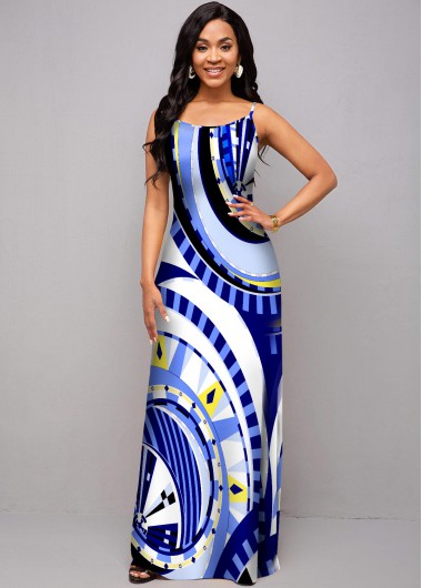 Rosewe Cocktail Party Dress High Waist Spaghetti Strap Geometric Print Dress - M