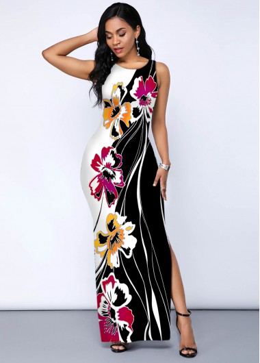 Rosewe Cocktail Party Dress Side Slit Wide Strap Round Neck Dress - S