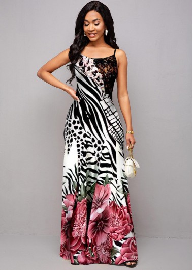 Rosewe Cocktail Party Dress Spaghetti Strap Floral and Animal Print Maxi Dress - S