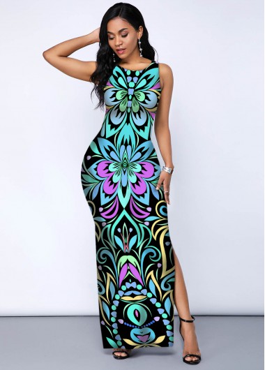 Rosewe Cocktail Party Dress Sleeveless Tribal Print Side Slit Dress - S