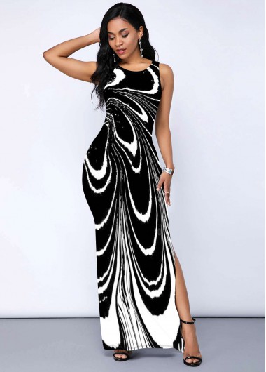 Rosewe Cocktail Party Dress Side Slit Printed Round Neck Dress - S