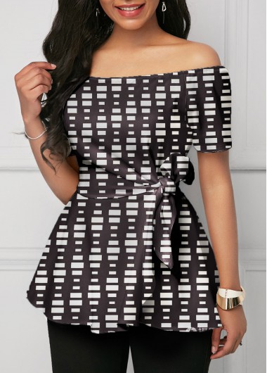 Rosewe African Tribal Print Belted Off Shoulder Blouse - L