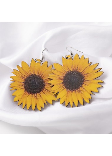 Rosewe Chic Yellow Wooden Design Sunflower Detail Earrings - One Size