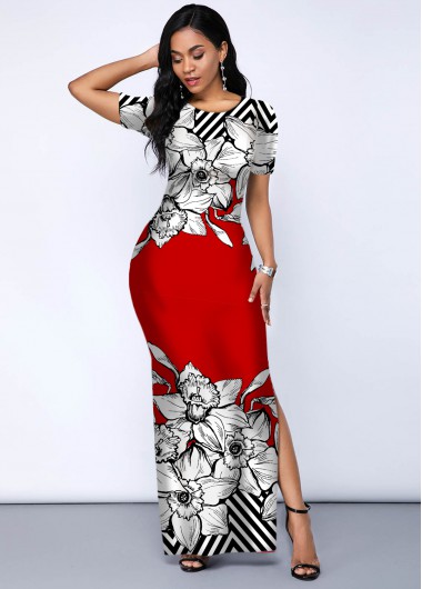 Rosewe Cocktail Party Dress Printed Side Slit Contrast Maxi Dress - XXL