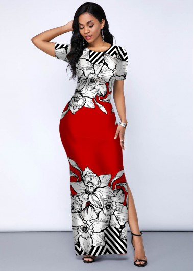 Rosewe Cocktail Party Dress Printed Side Slit Contrast Maxi Dress - XXL