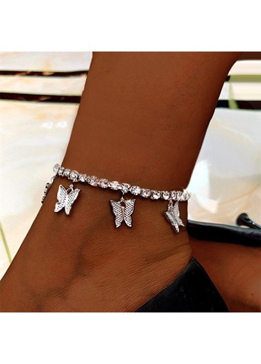 Rosewe Chic Butterfly Design Rhinestone Detail Silver Anklet - One Size
