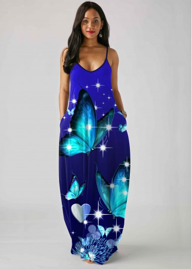 Rosewe Cocktail Party Dress Pocket Butterfly Print Spaghetti Strap Dress - M