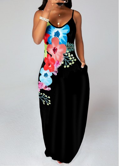 Rosewe Black Dresses Spaghetti Strap Floral Print Double Pockets Maxi Dress - L