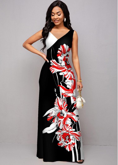 Rosewe Cocktail Party Dress Wide Strap V Neck Floral Print Dress - XXL
