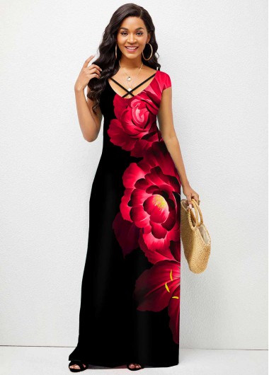 Rosewe Cocktail Party Dress Short Sleeve Floral Print Cross Strap Dress - M