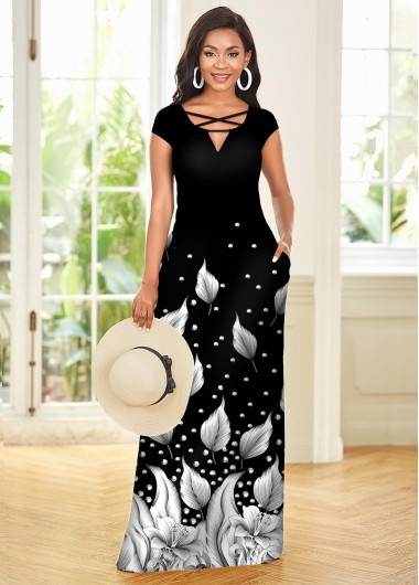 Rosewe Cocktail Party Dress Cross Strap Leaf Print Ombre Short Sleeve Dress - XXL