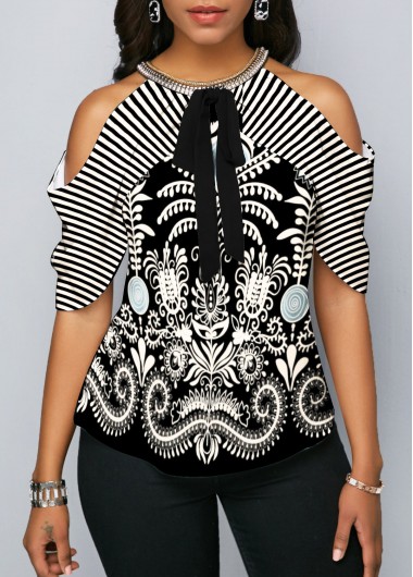 Rosewe Cold Shoulder Bowknot Cashews Print Blouse - M