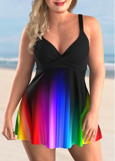 Rosewe Rainbow Ombre Plus Size Cross Front Swimdress and Panty - 3X