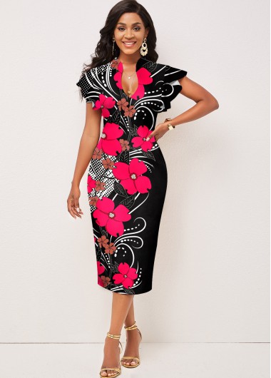 Rosewe Cocktail Party Dress Floral Print Short Sleeve Contrast Dress - S