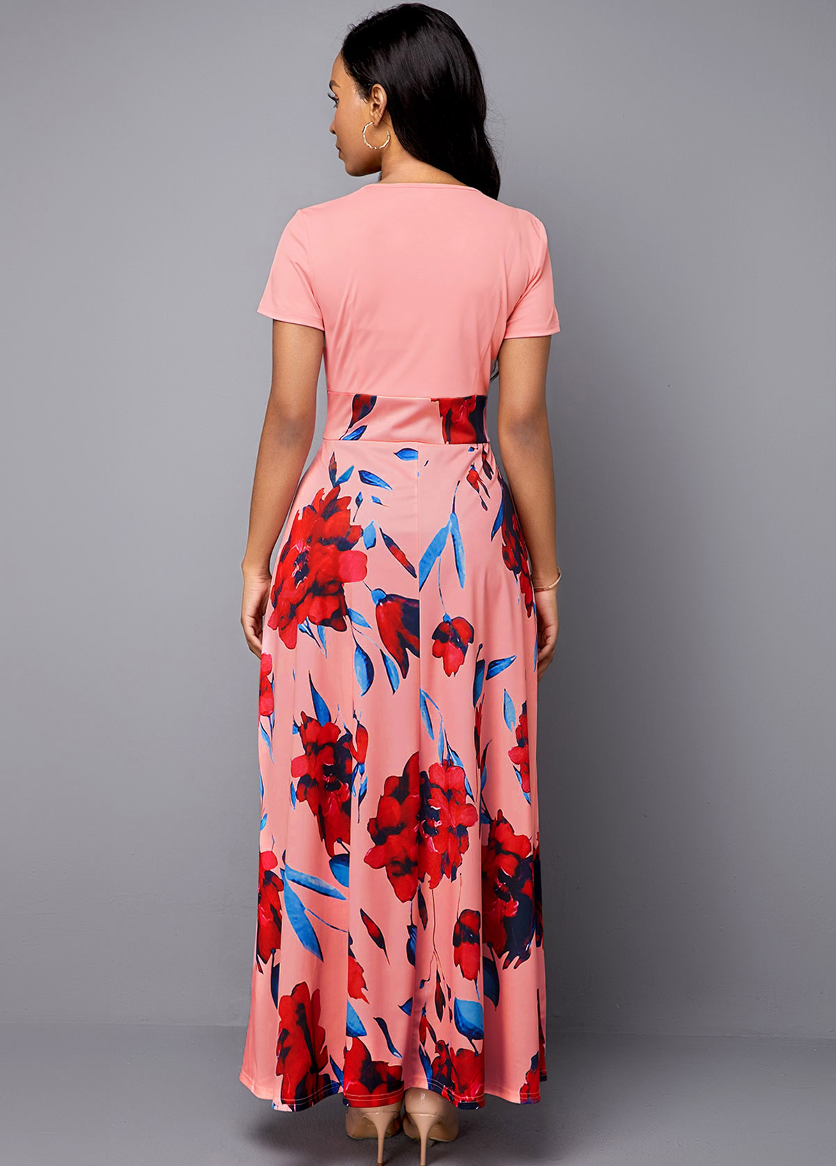 Short Sleeve Flower Print Pink Midi Dress
