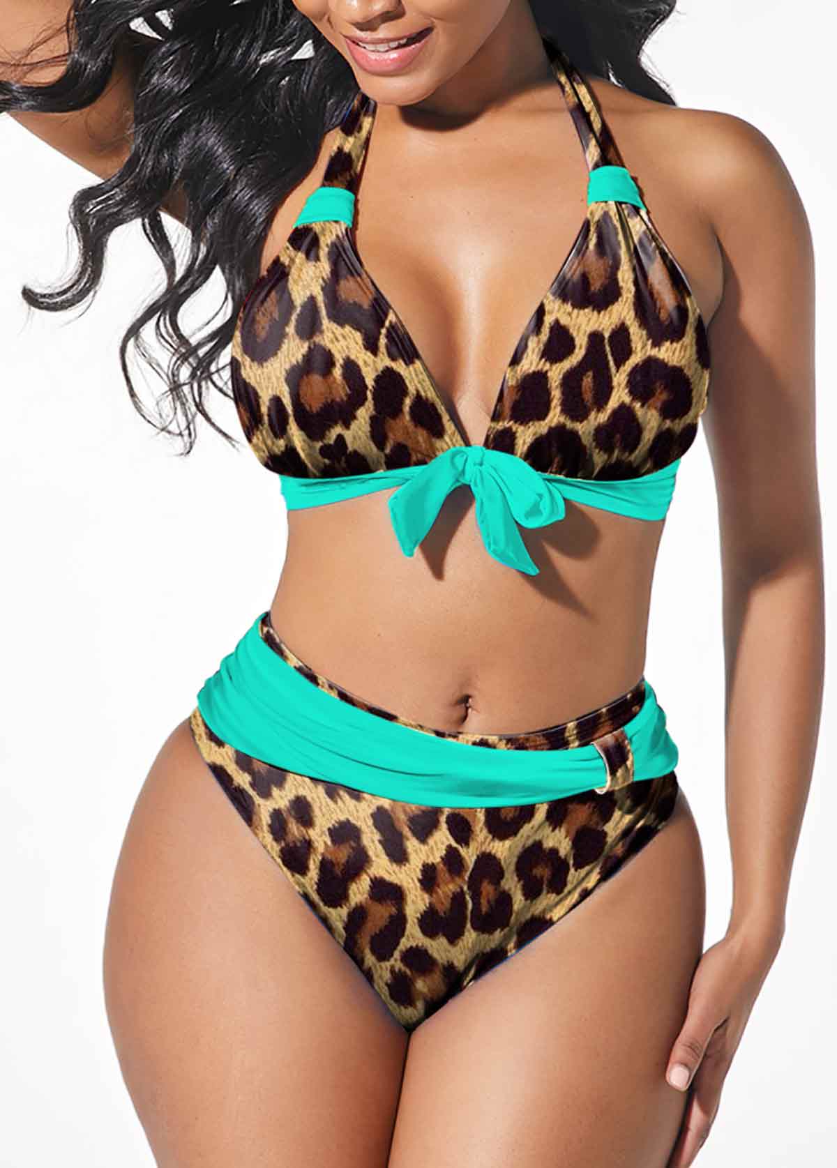 Leopard Bowknot Halter Brown Bikini Set