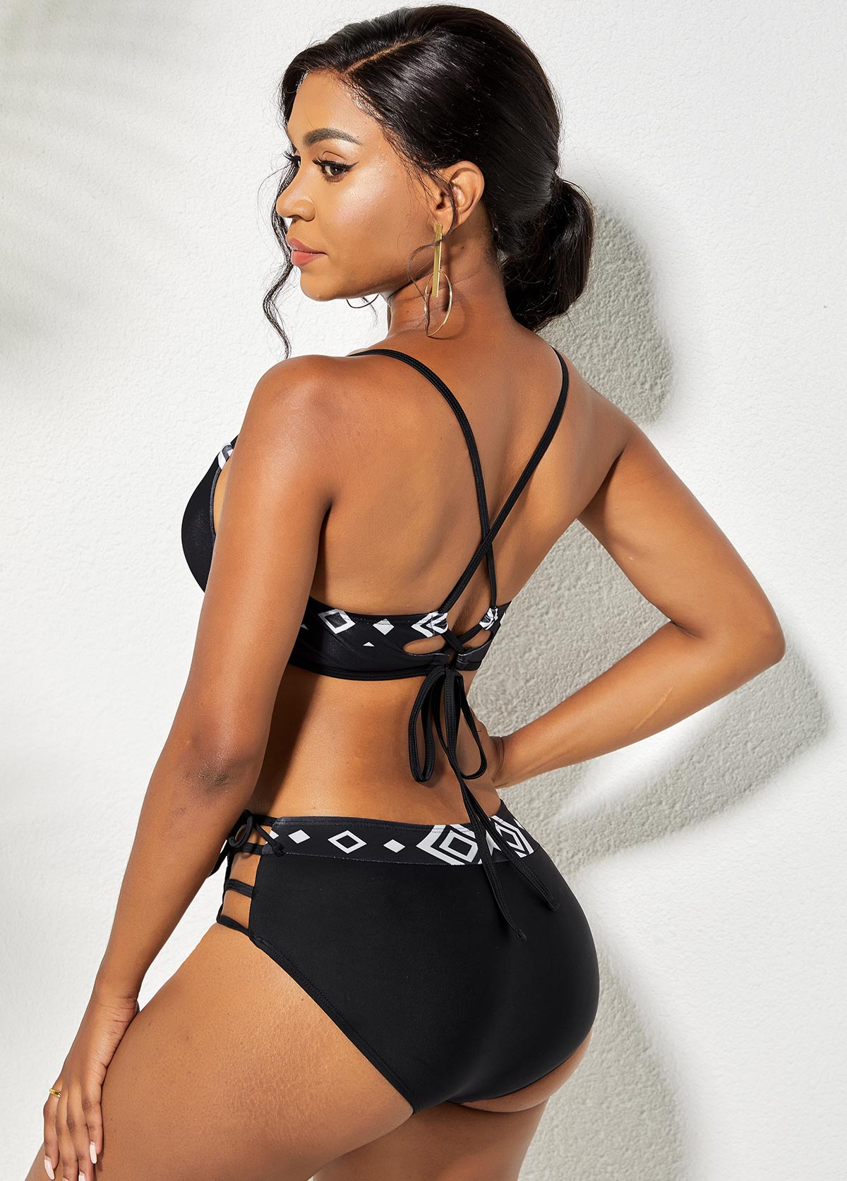 Geometric Print Lace Up Bikini Set