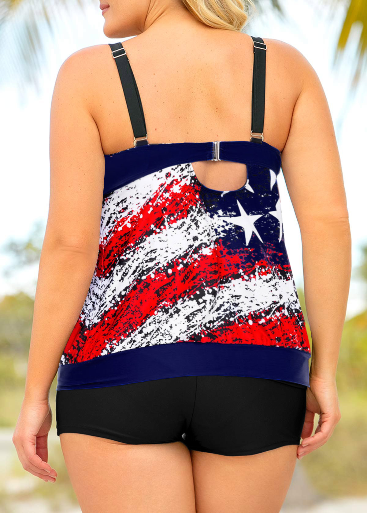 Plus Size American Flag Print Cross Strap TankinI Set