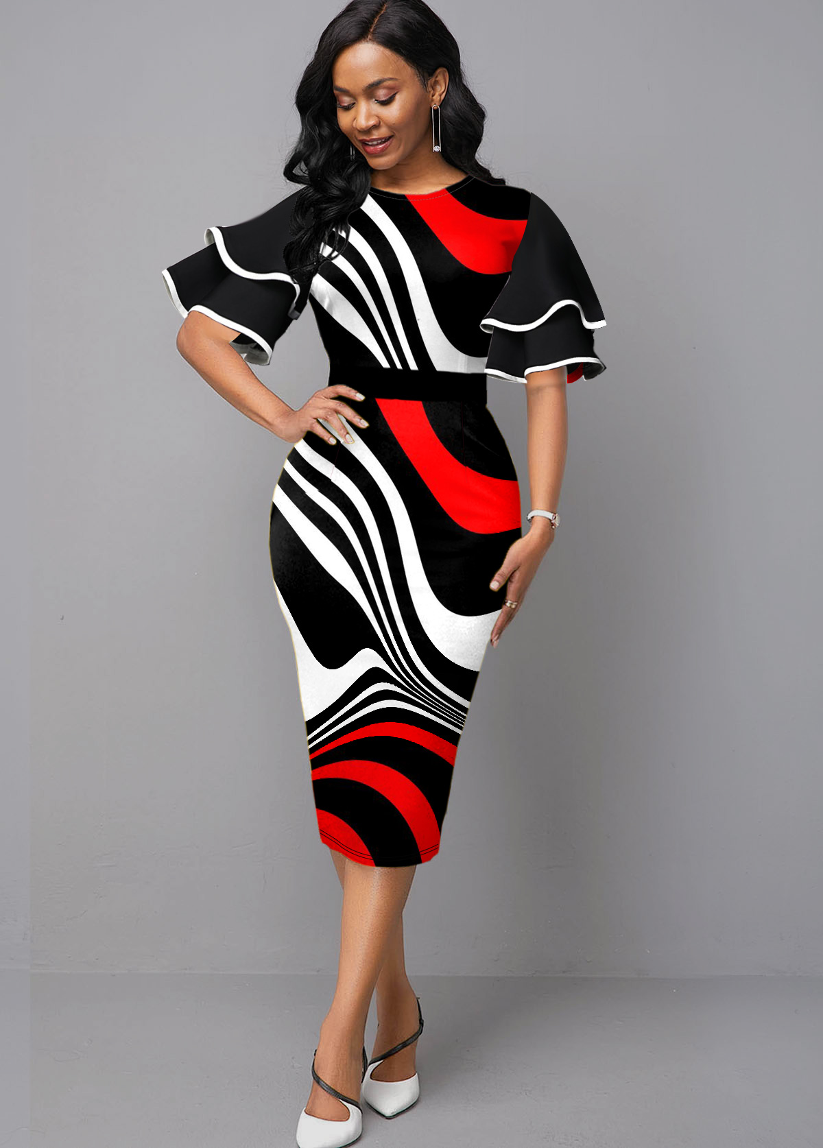 Ruffle Sleeve Stripe Print Contrast Sheath Dress