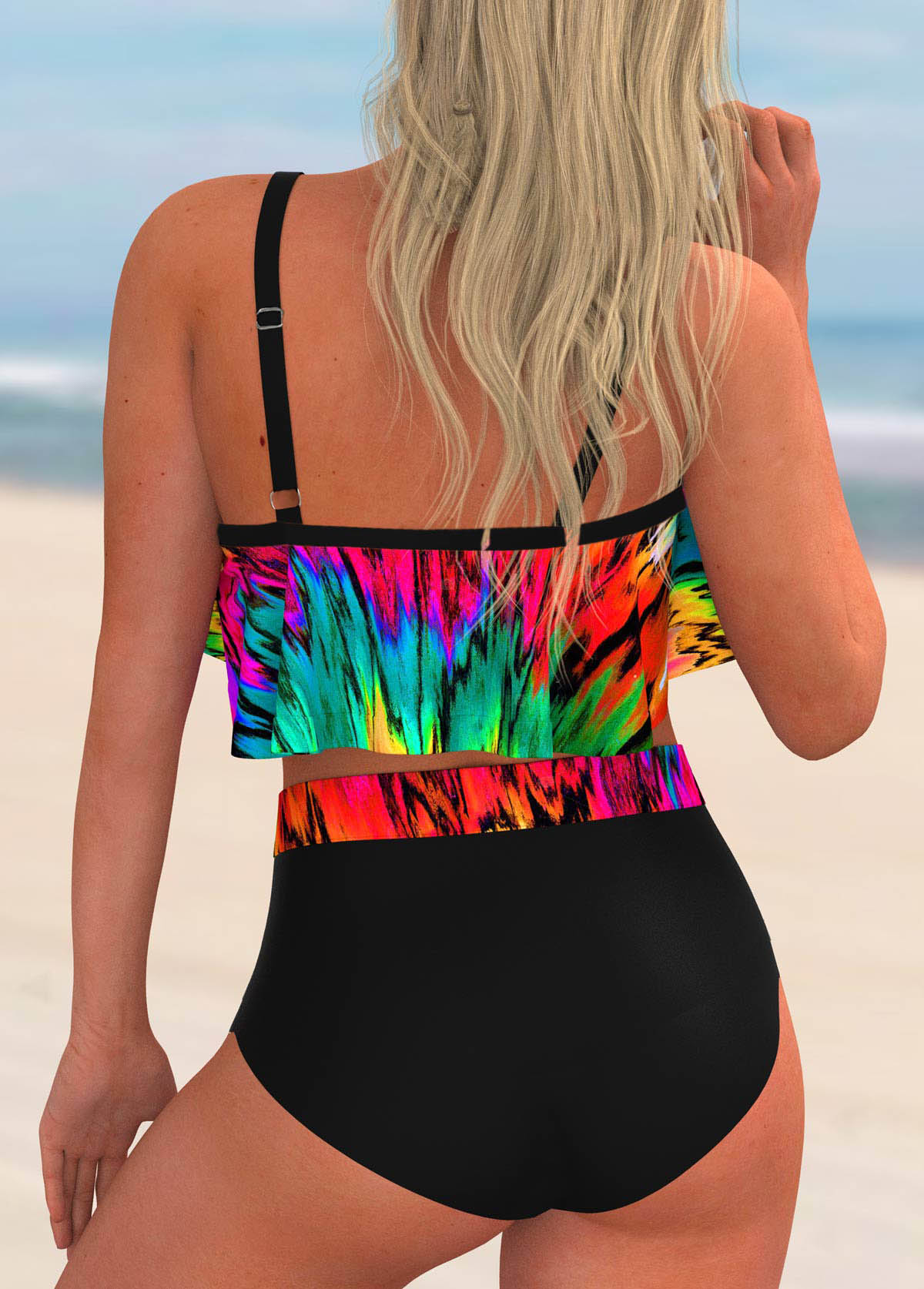 Cutout Neck Colorful Printed High Waisted Bikini Set