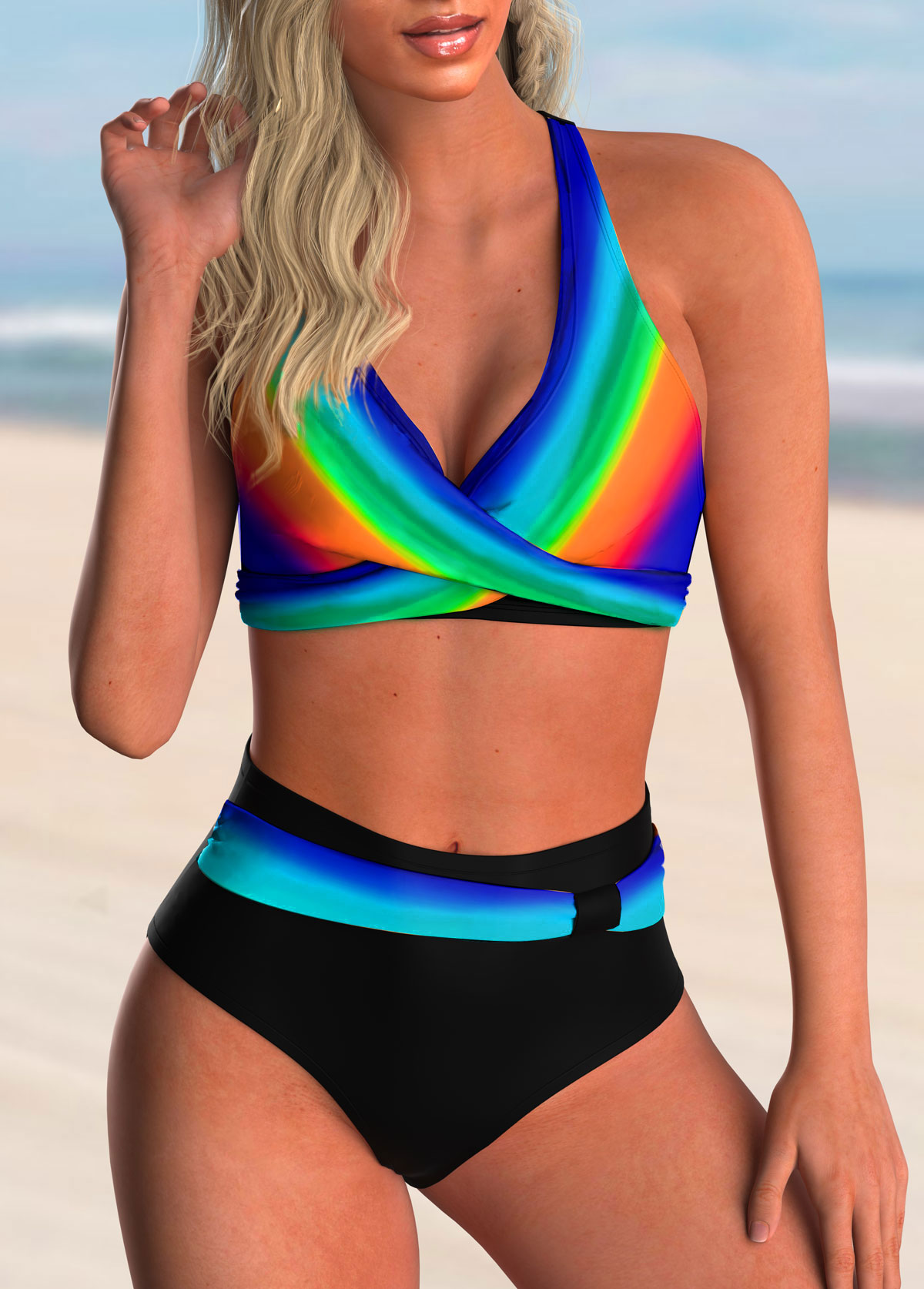 High Waisted Rainbow Color Cross Front Bikini Set