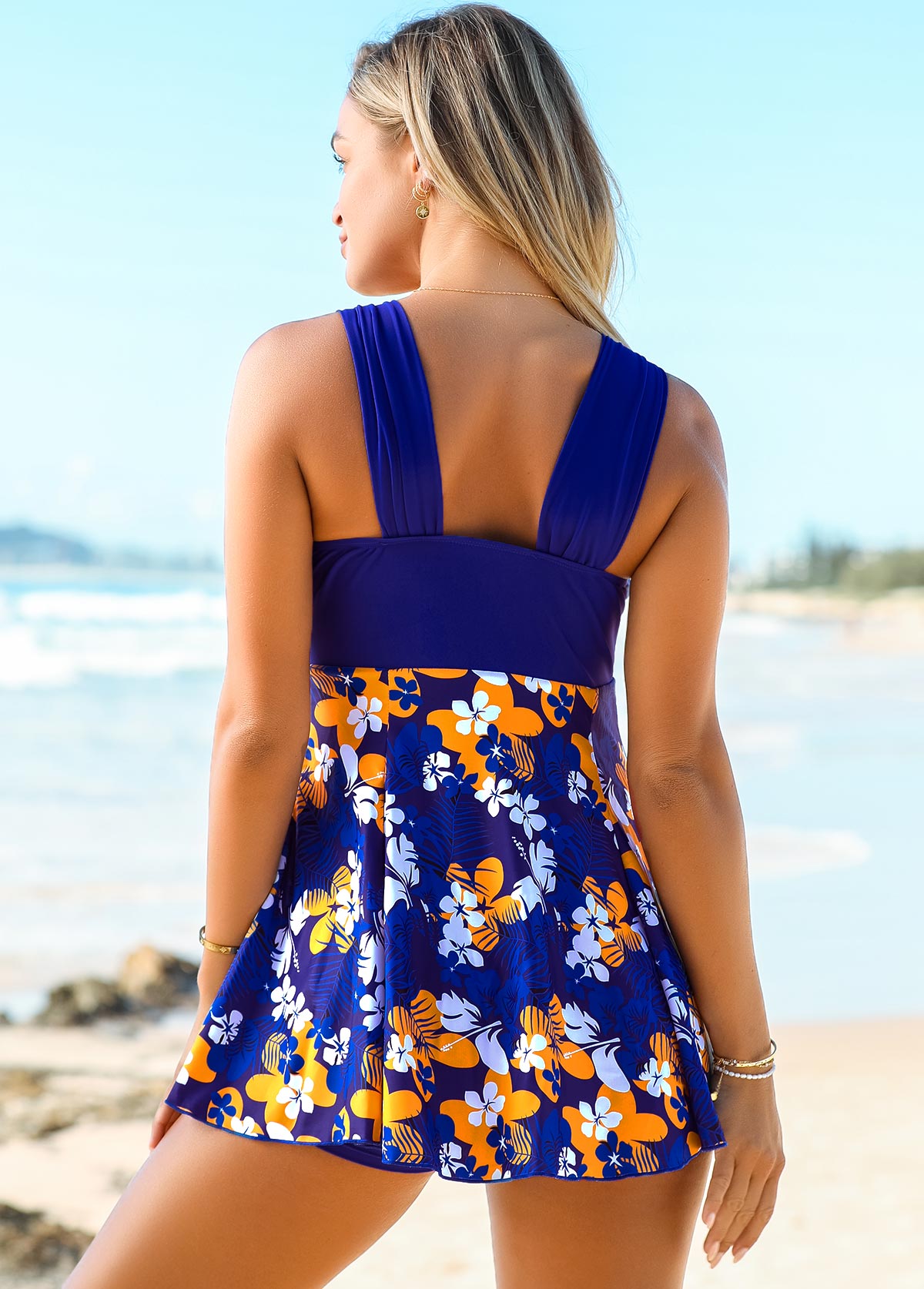 Tie Front Floral Print Wide Strap Swimdress and Shorts