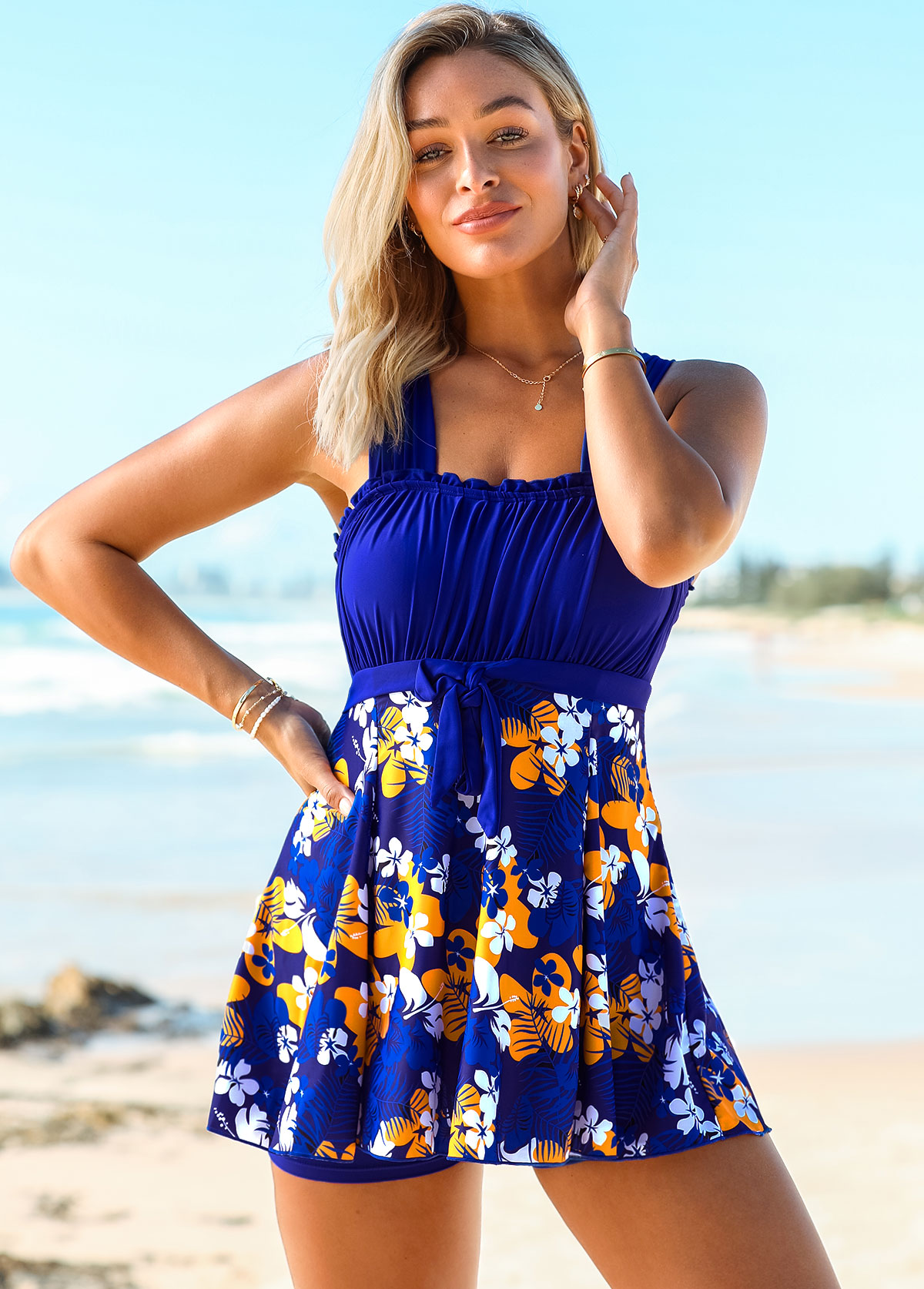 Tie Front Floral Print Wide Strap Swimdress and Shorts