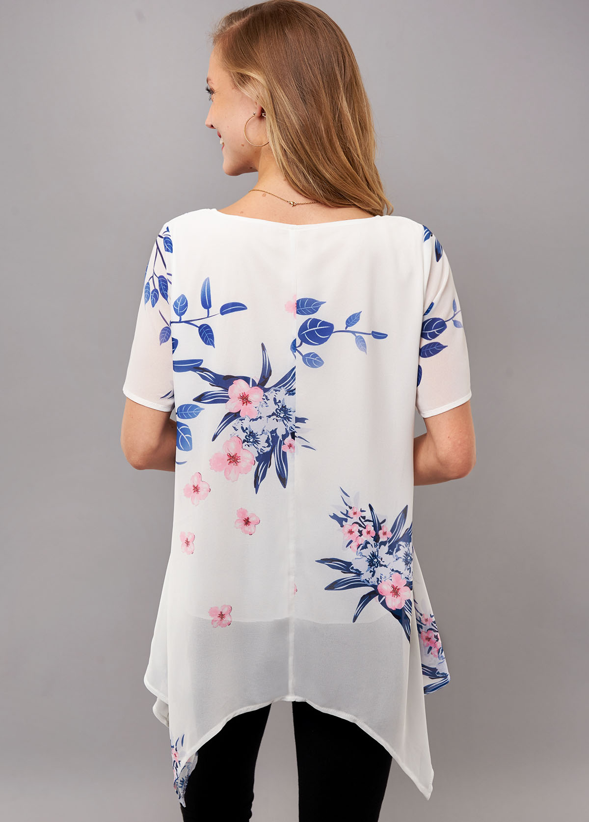Short Sleeve Asymmetric Hem Floral Print T Shirt