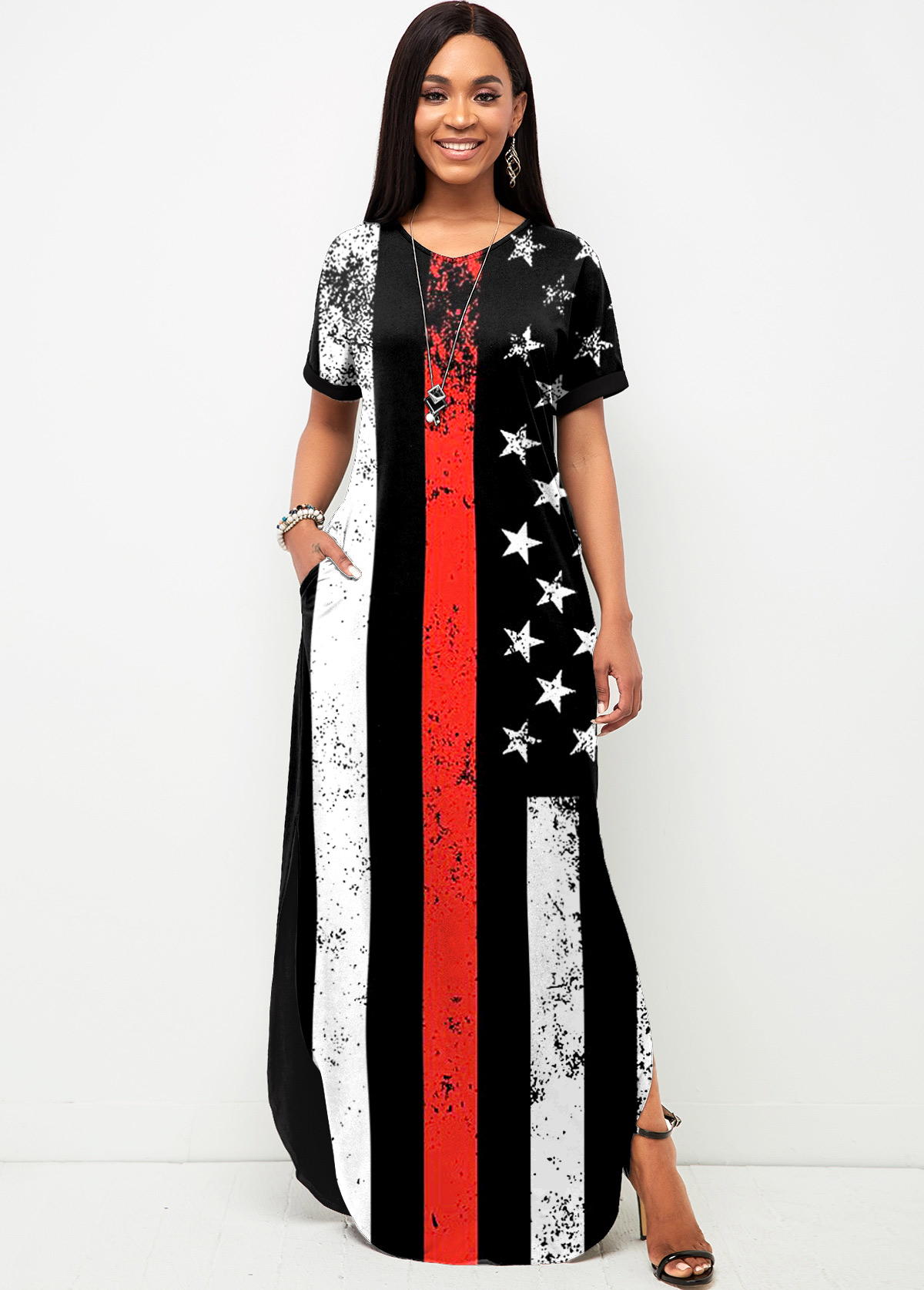 Side Slit American Flag Print Short Sleeve Dress