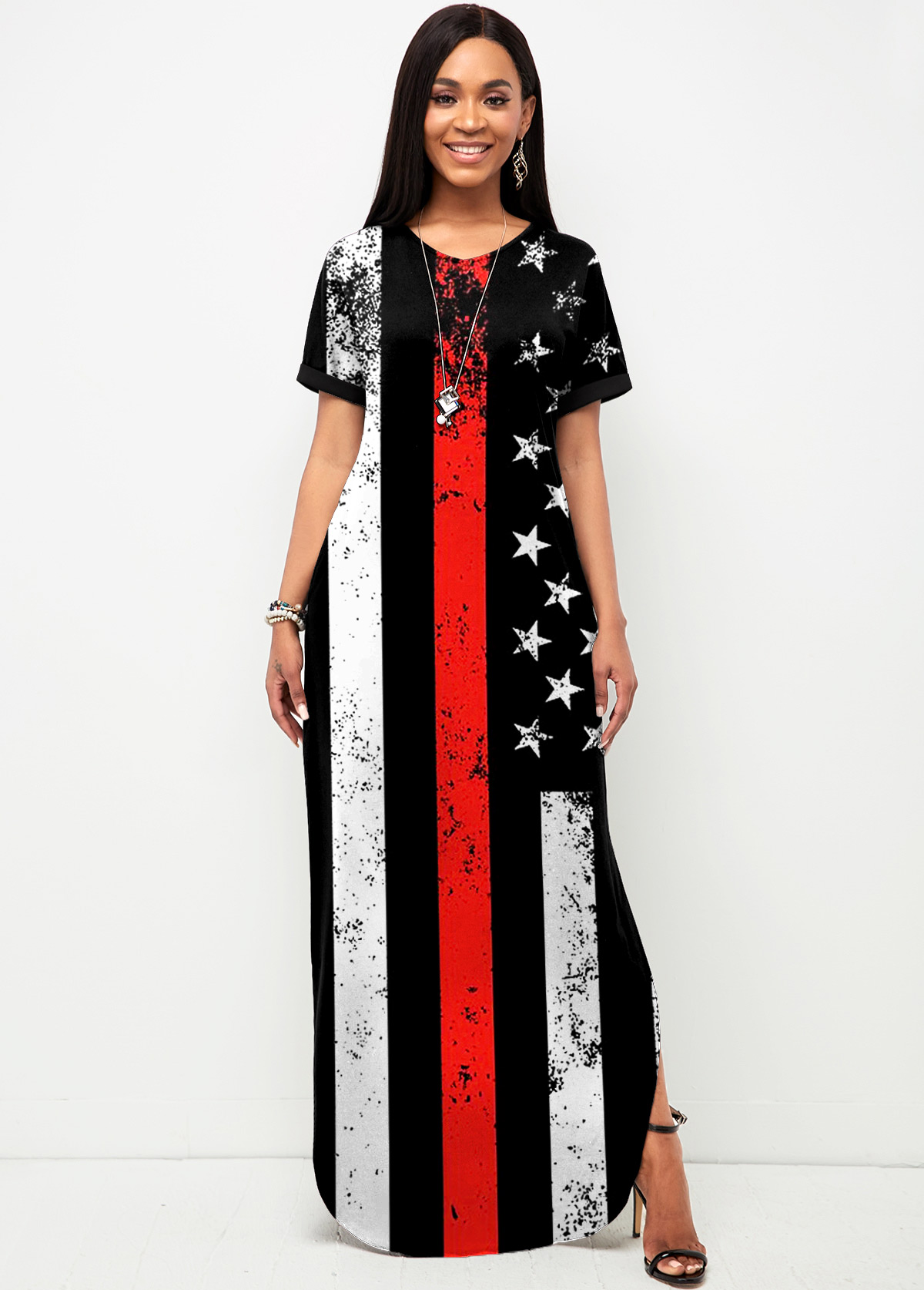Side Slit American Flag Print Short Sleeve Dress