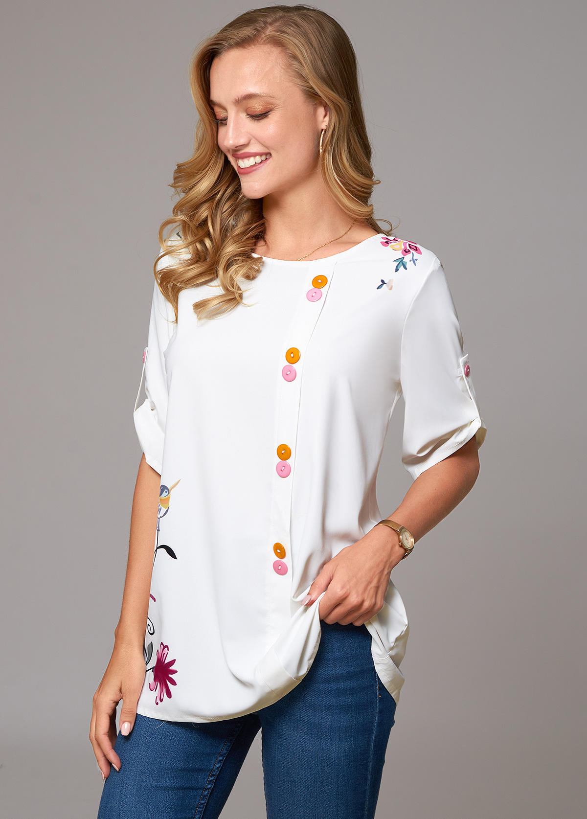 Roll Tab Sleeve Decorative Button Floral Print Blouse
