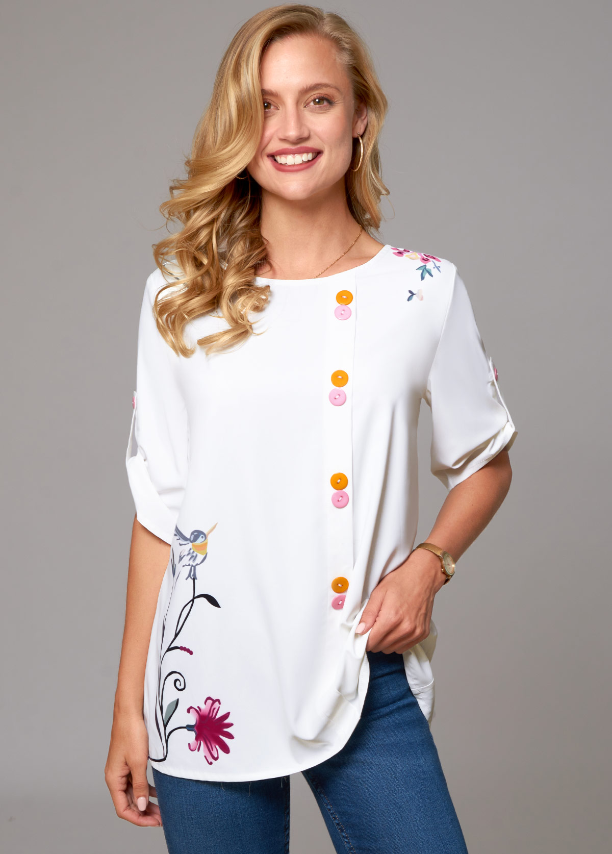 Roll Tab Sleeve Decorative Button Floral Print Blouse