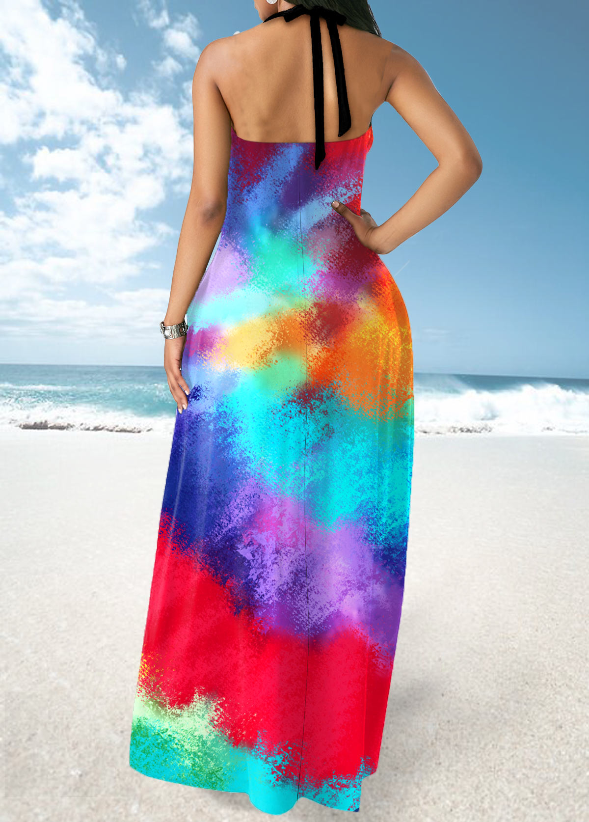 Multicolor Tie Dye Print Cross Strap Maxi Dress