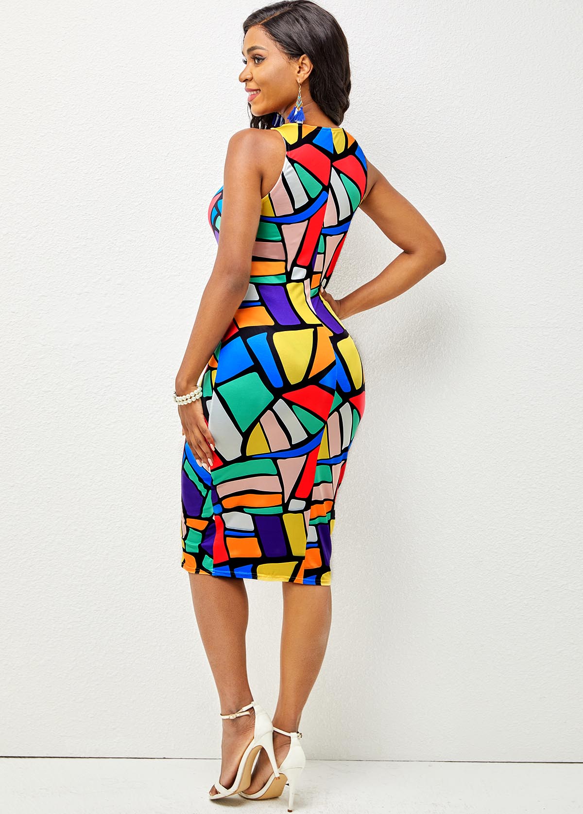 Sleeveless Geometric Print Round Neck Dress