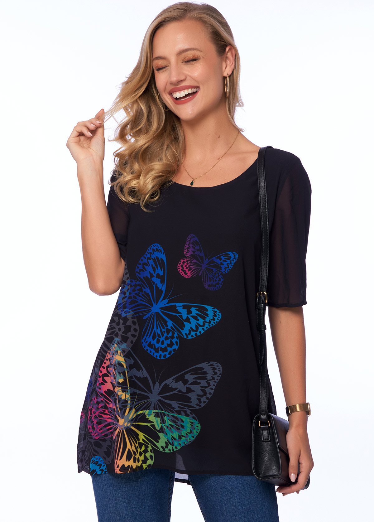 Half Sleeve Round Neck Butterfly Print T Shirt