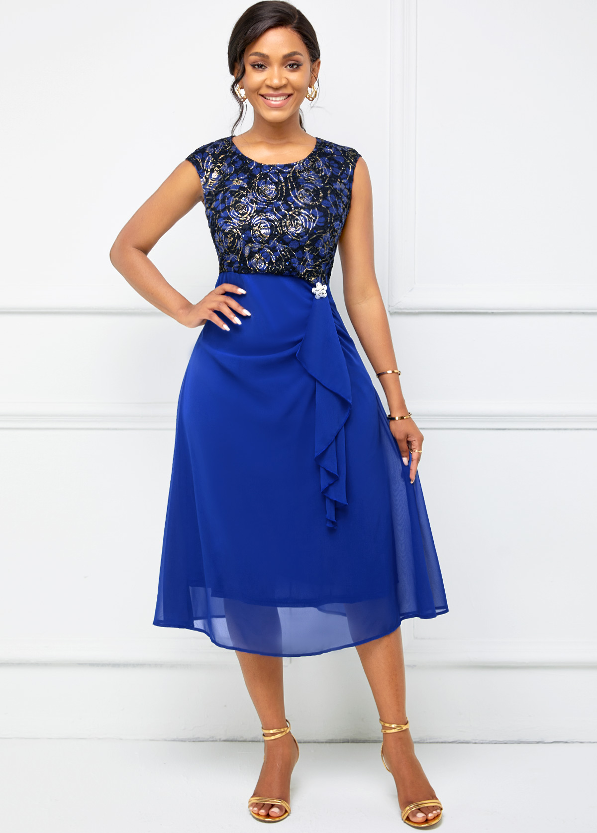 Flounce Cap Sleeve Lace Stitching Dress