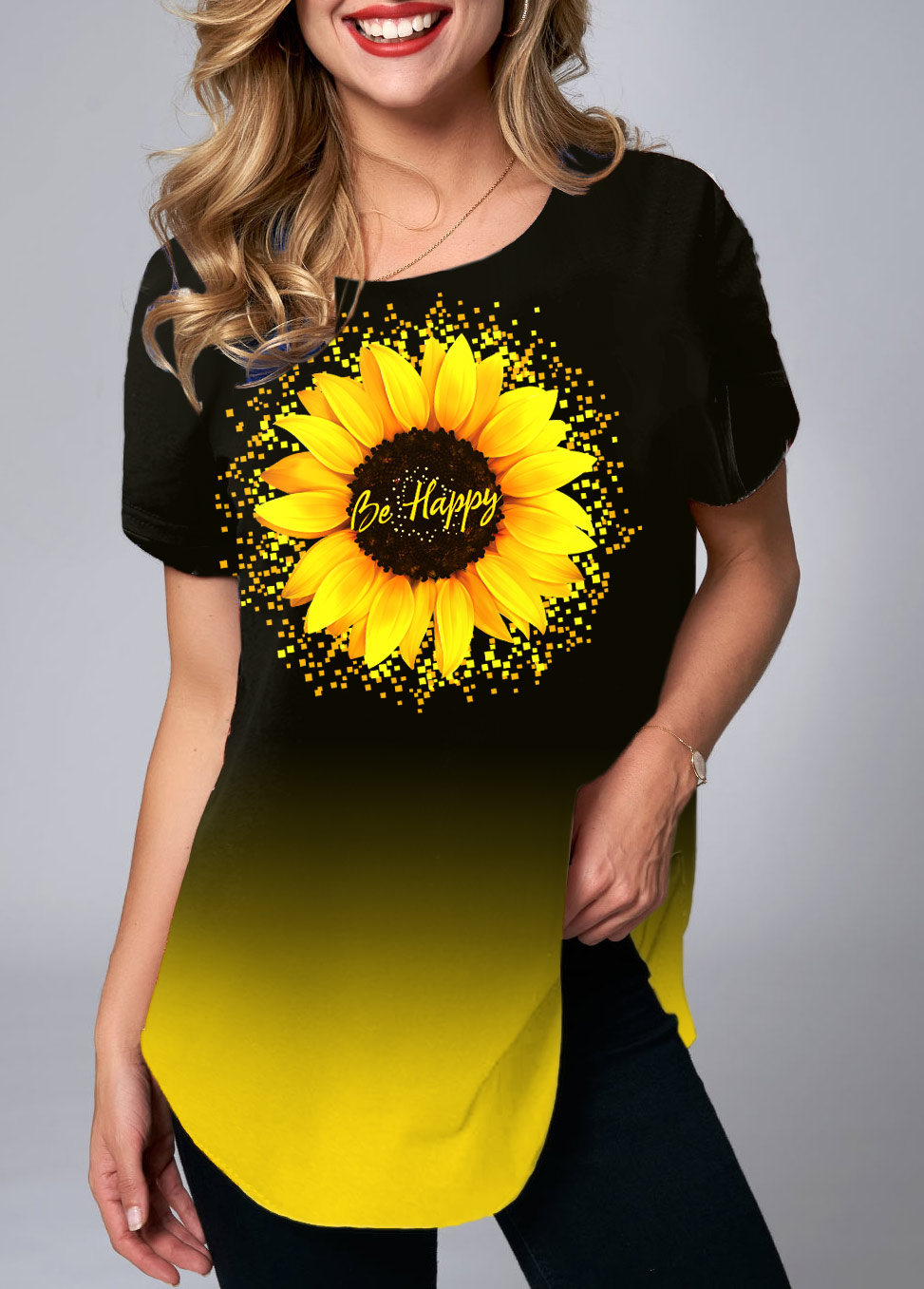Ombre Short Sleeve Sunflower Print T Shirt