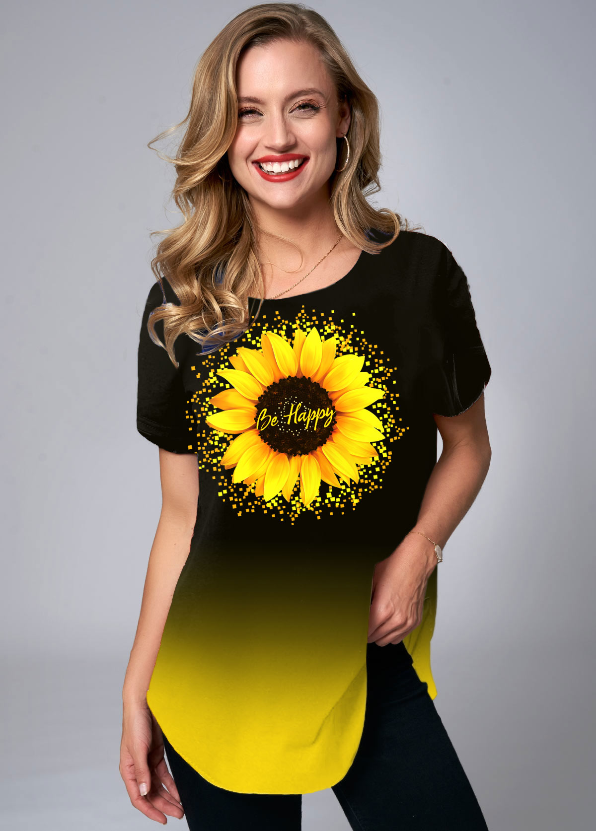 Ombre Short Sleeve Sunflower Print T Shirt