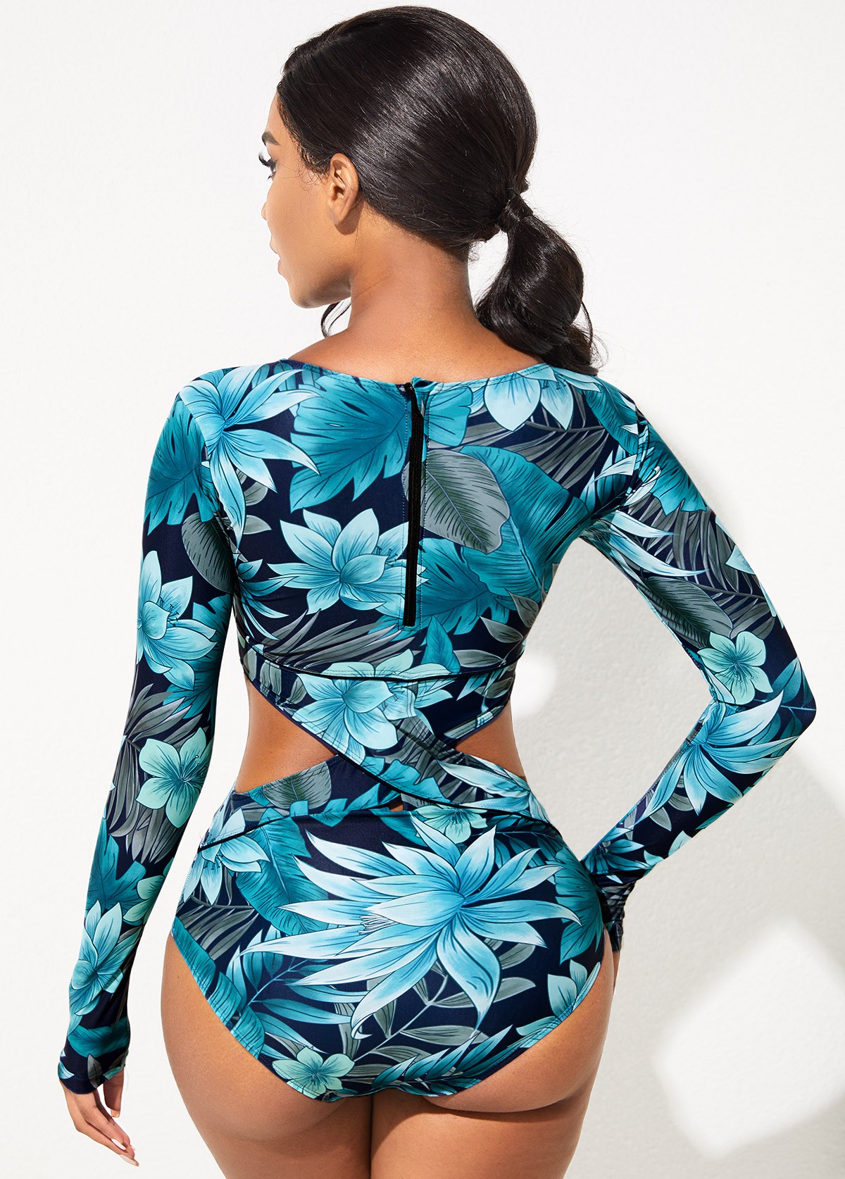 Cutout Long Sleeve Tropical Print One Piece Swimwear USD