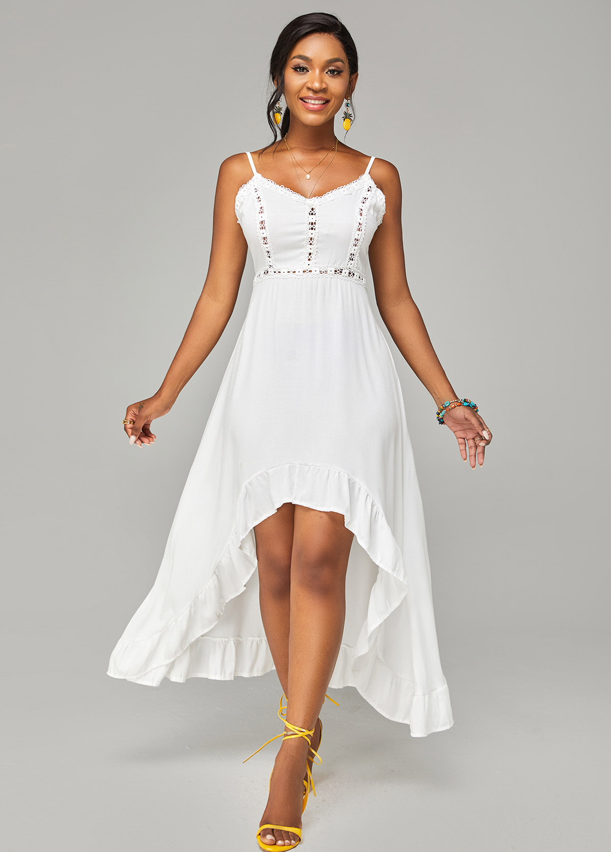 Lace Stitching Spaghetti Strap Asymmetric Hem Dress USD