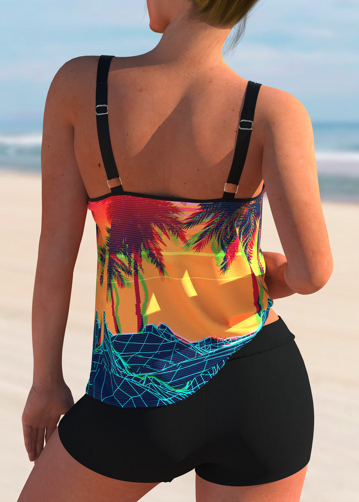 Spaghetti Strap Scape Print Colorful Tankini Set 