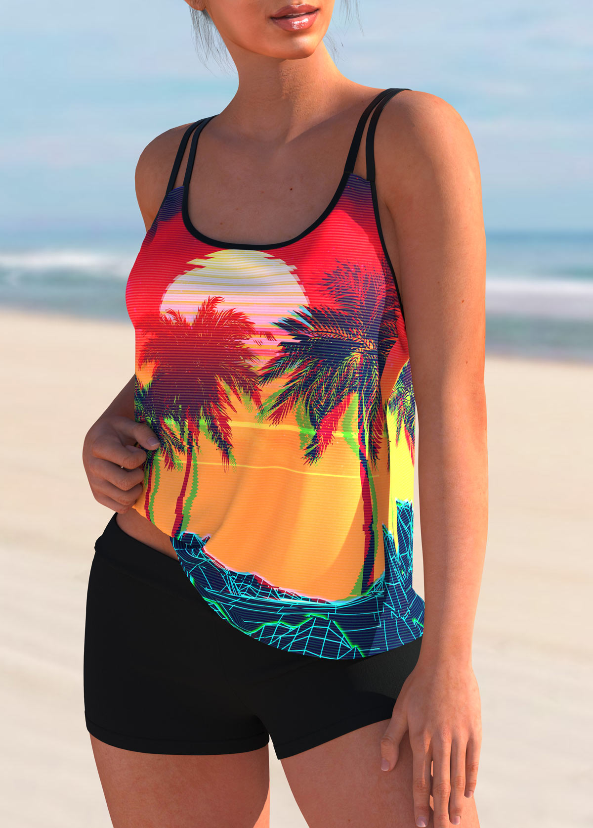Spaghetti Strap Scape Print Colorful Tankini Set 