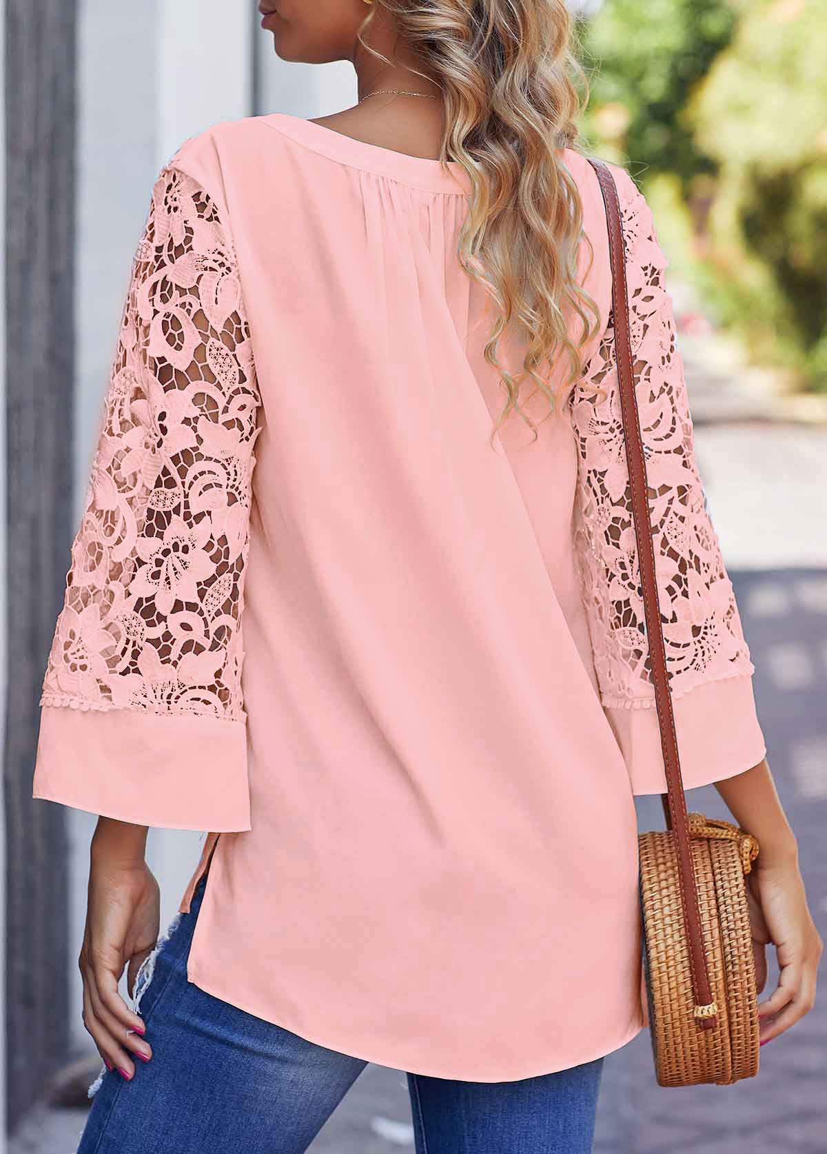 Pink Lace Stitching Split Neck Blouse